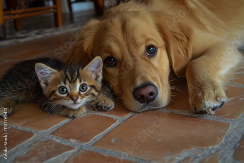 A close-up portrait of a golden dog and a kitten lying peacefully on the floor at home, showing their sweet bond and playful companionship. photo