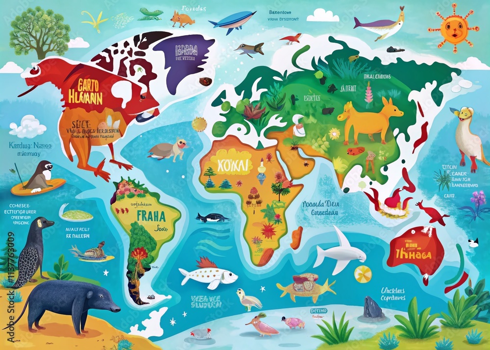 Obraz premium World Mammal Map: Colorful Animals & Continents for Kids - Educational Preschool Map
