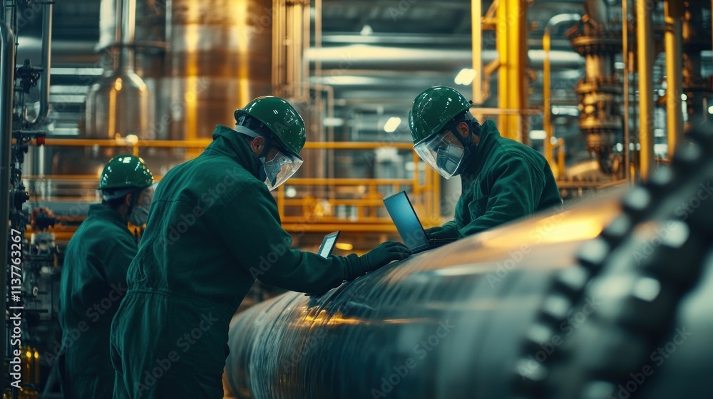 Technicians inspect machinery in factory. Technicians inspect machinery in factory.