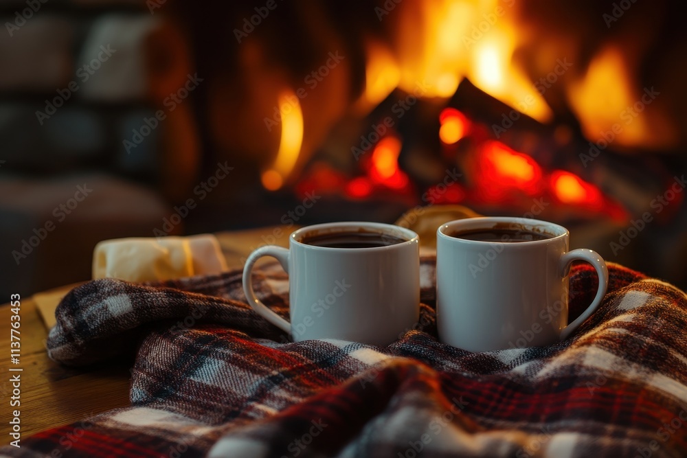Two Cups of Coffee Resting on a Plaid Blanket in Front of a Cozy Fireplace