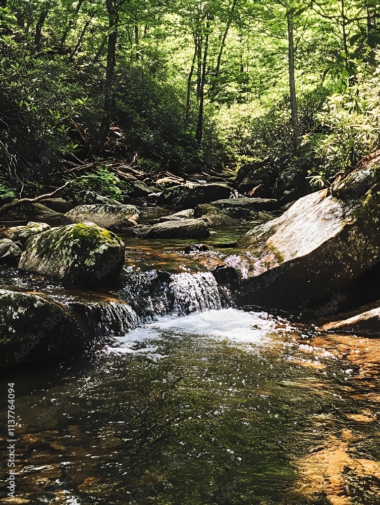 clear mountain stream cascading over smooth rocks, surrounded by vibrant moss and ferns.