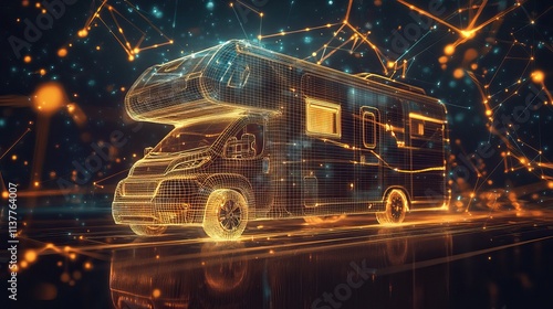 Futuristic Digital Wireframe of Camper Van Surrounded by Glowing Technology Network and Connections