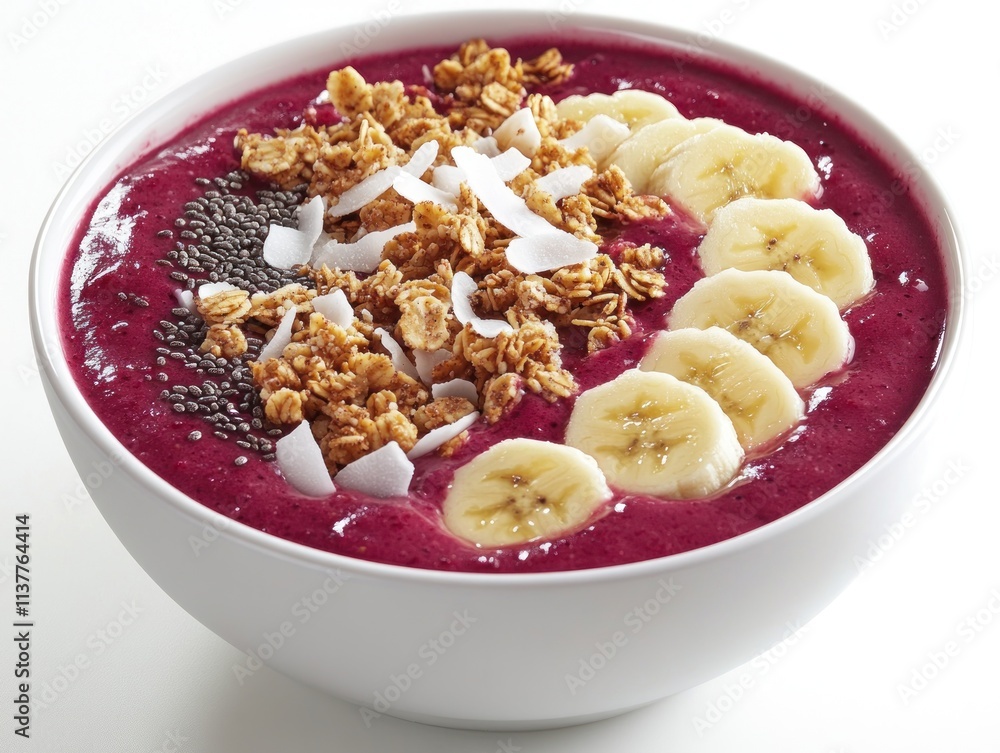 A vibrant smoothie bowl topped with granola, banana slices, and coconut flakes. A vibrant smoothie bowl topped with granola, banana slices, and coconut flakes.