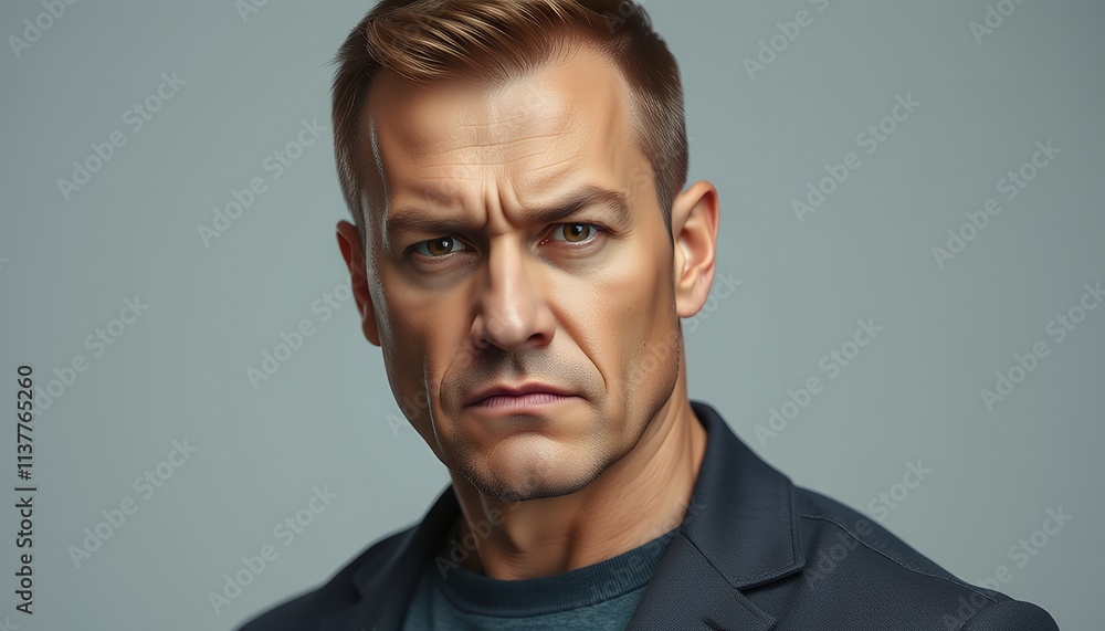 A close-up portrait of a serious middle-aged man. His intense gaze and expression are captured against a simple gray backdrop. A close-up portrait of a serious middle-aged man. His intense gaze and expression are captured against a simple gray backdrop.