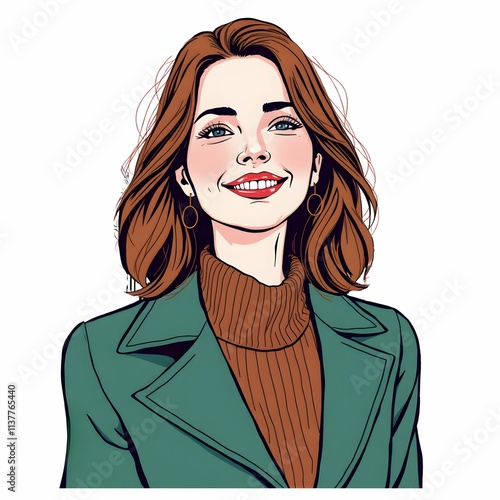 このイラストは、緑のコートを着た女性が明るい笑顔を浮かべている姿を描いている。ブラウンのリブ編みタートルネックが暖かみを添え、リラックスしたヘアスタイルとゴールドのフープピアスが、親しみやすさと洗練された印象を与えている。