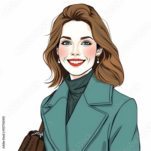このイラストは、グリーンのコートを着た女性が明るく微笑む姿を描いている。髪は肩に軽くかかり、柔らかなカールが自然な雰囲気を演出している。黒のタートルネックがコーディネートを引き締め、パールのイヤリングが上品さを加えている。右肩にはバッグがあり、都会的で洗練された印象を与えている。