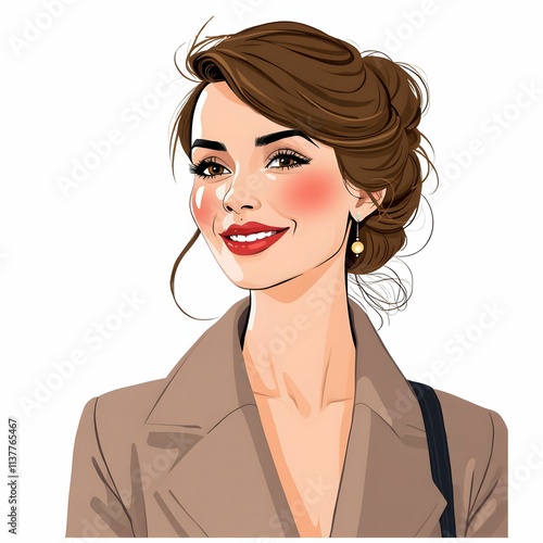 このイラストは、髪をまとめた女性が明るく笑顔を見せる姿を描いている。ブラウンのコートを着用し、ゴールドのピアスがアクセントとなっている。シンプルながら洗練された雰囲気が特徴で、ナチュラルメイクが暖かく親しみやすい印象を与える。