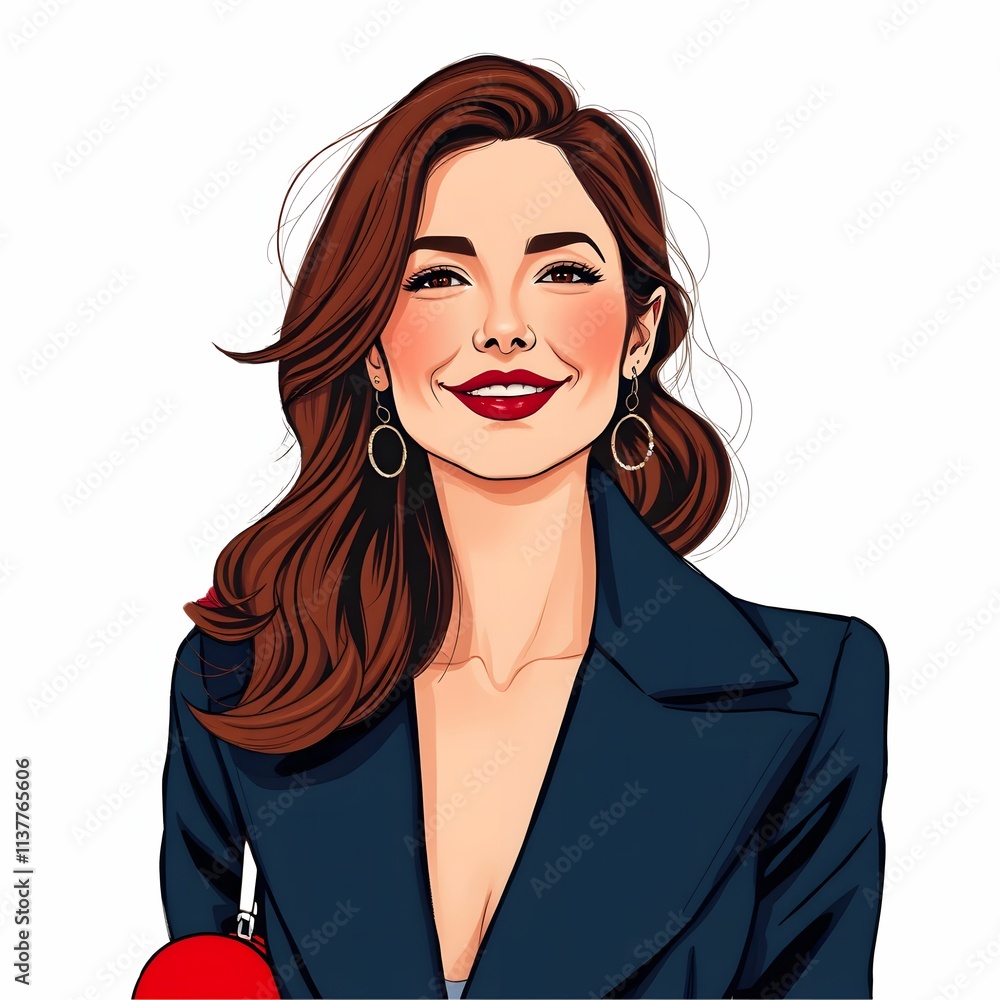 このイラストは、深いネイビーブルーのジャケットを着た女性が明るい笑顔を見せている姿を描いている。髪は緩やかにウェーブがかかり、ゴールドのフープイヤリングがエレガントな印象を与える。右手に赤いクラッチバッグを持ち、洗練された都会的な雰囲気を演出している。