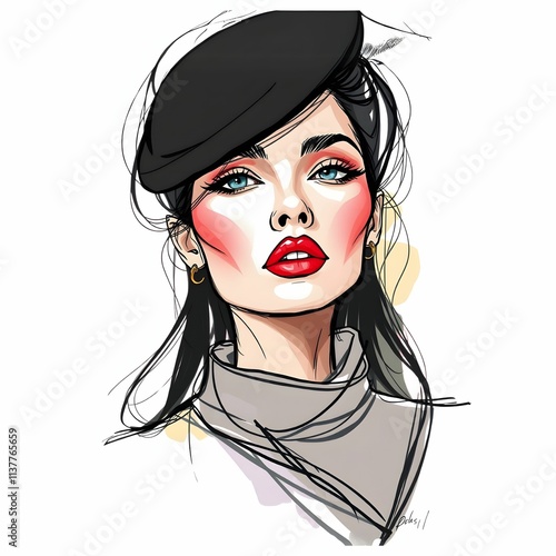 このイラストは、黒いベレー帽をかぶった女性を描いている。赤いリップと強調された頬のチークが魅力的で、目元の青いアイメイクが際立つ。黒髪は自然に流れ、タートルネックの衣装がエレガントで洗練された印象を与える。全体的にモダンでアーティスティックな仕上がり。