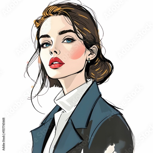 このイラストは、モダンな装いの女性を描いたもので、髪はシンプルなアップスタイルでまとめられ、顔まわりに少しの毛束が柔らかさを演出している。赤いリップと頬の淡いピンクが顔の印象を引き立て、青い瞳が視線を惹きつける。ハイネックの白いインナーと濃い色のジャケットの組み合わせが、洗練された上品な雰囲気を与えている。