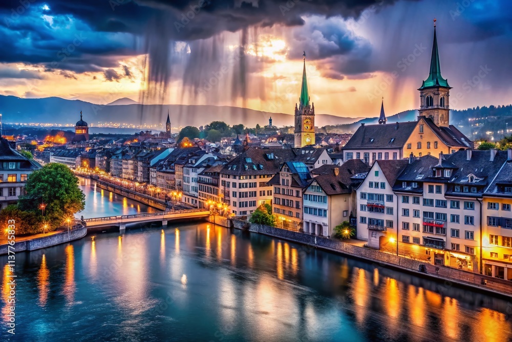 Fototapeta premium Zurich Rain Cityscape Photography, Rainy Zurich Streets, Switzerland Rain Photos, Dramatic Zurich Weather Images, Grey Zurich Sky Pictures