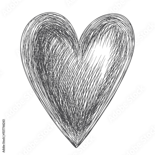 Heart in sketch style. Black and white engraved heart