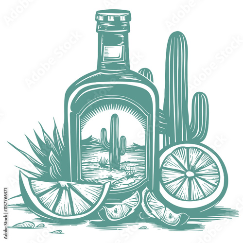 Emblem with a bottle of tequila, lemon, and cactus, engraving style, vector illustration