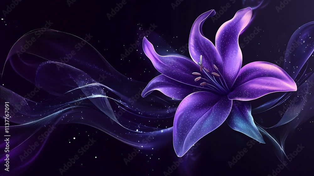 Glowing purple lily flower with magical smoke. Glowing purple lily flower with magical smoke.