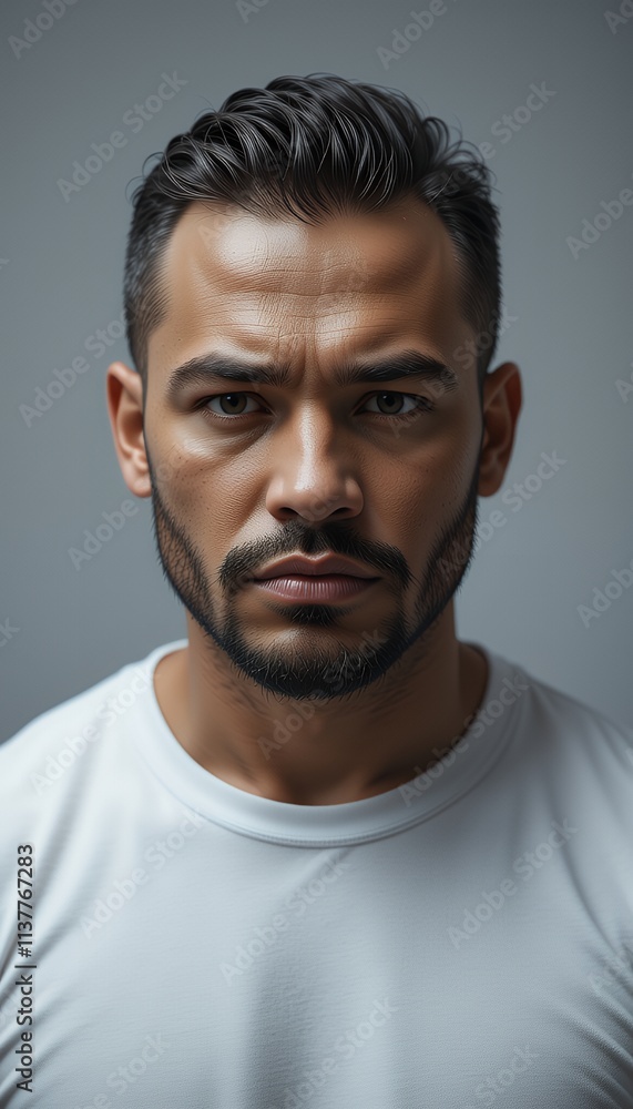 A close-up portrait of a serious-looking man. He has dark hair, a beard, and is wearing a white t-shirt. The background is a neutral gray. A close-up portrait of a serious-looking man. He has dark hair, a beard, and is wearing a white t-shirt. The background is a neutral gray.