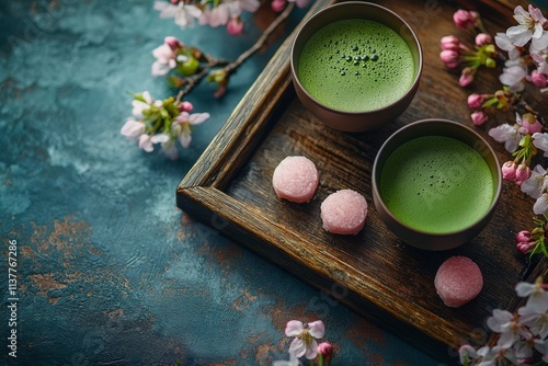 Traditional matcha tea with sakura sweets on wooden tray symbolizing Japanese culture, tea ceremony, and tranquility