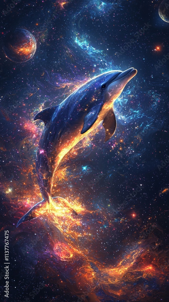 Fototapeta premium Celestial wall art of a glowing fantasy cosmic dolphin swimming through a colorful galaxy symbolizing imagination, wonder, and the beauty of the universe