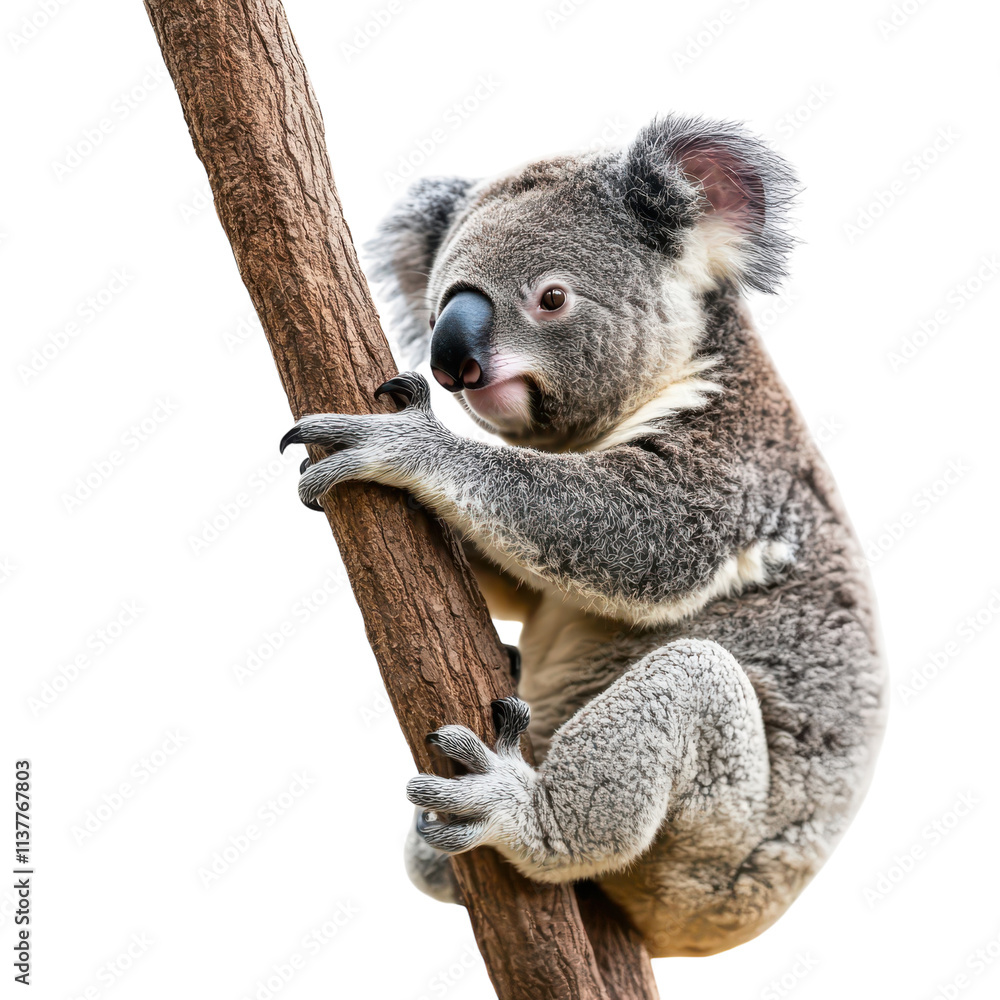 Obraz premium Koala Relaxing on Wood for Wildlife Conservation Transparent Background