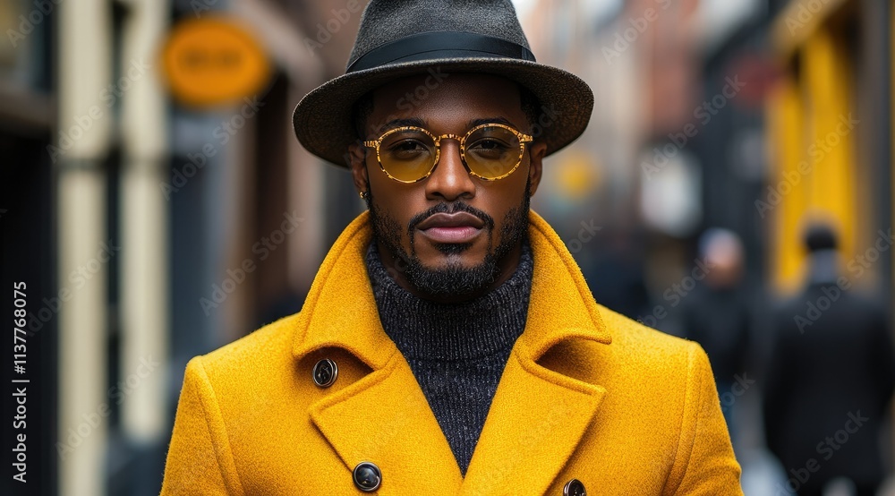 Stylish man in yellow coat, hat, and sunglasses, serious expression, city street background. Stylish man in yellow coat, hat, and sunglasses, serious expression, city street background.