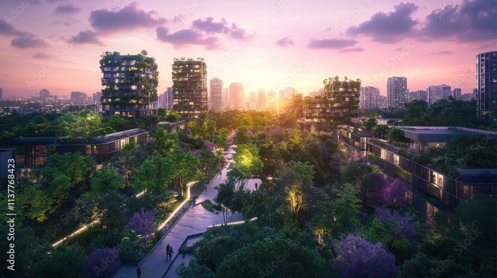 Fototapeta premium Lush, green cityscape with modern eco-friendly buildings, tranquil pathways, and vibrant natural elements at sunset.