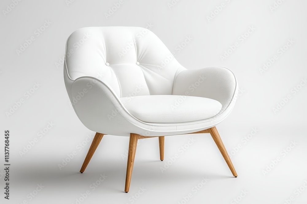 Fototapeta premium White linen fabric accent chair with wooden legs, modern armchair for home office or living room interior design, stylish and comfortable furniture piece
