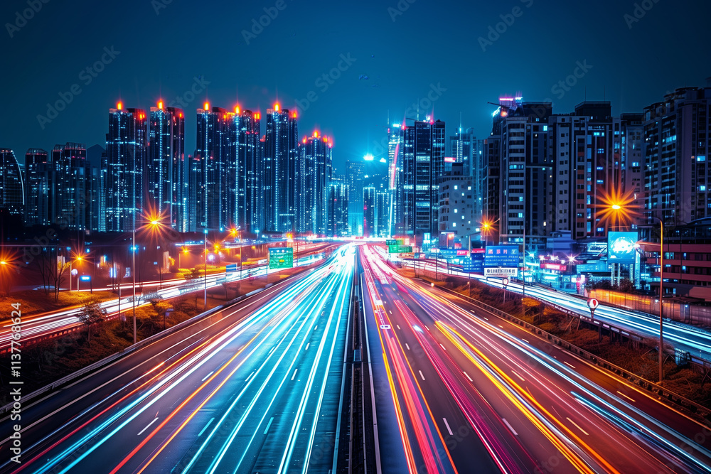 Obraz premium Streaks of moving car lights against the backdrop of city lights at night