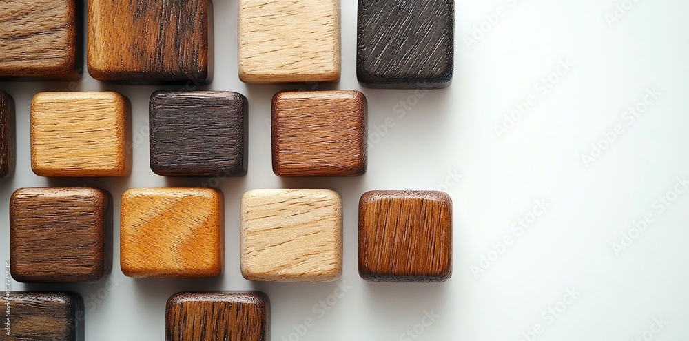 Fototapeta premium Wooden blocks of various shades of brown, arranged in a diagonal pattern on a white background.