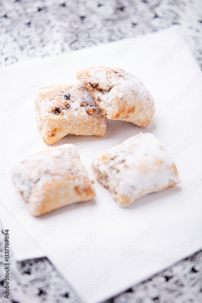 Stollen Bites on bright background. Soft focus. Close up. Copy space. Stollen Bites on bright background. Soft focus. Close up. Copy space.