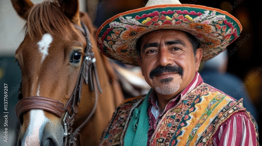 Fototapeta premium Smiling man in sombrero with horse.