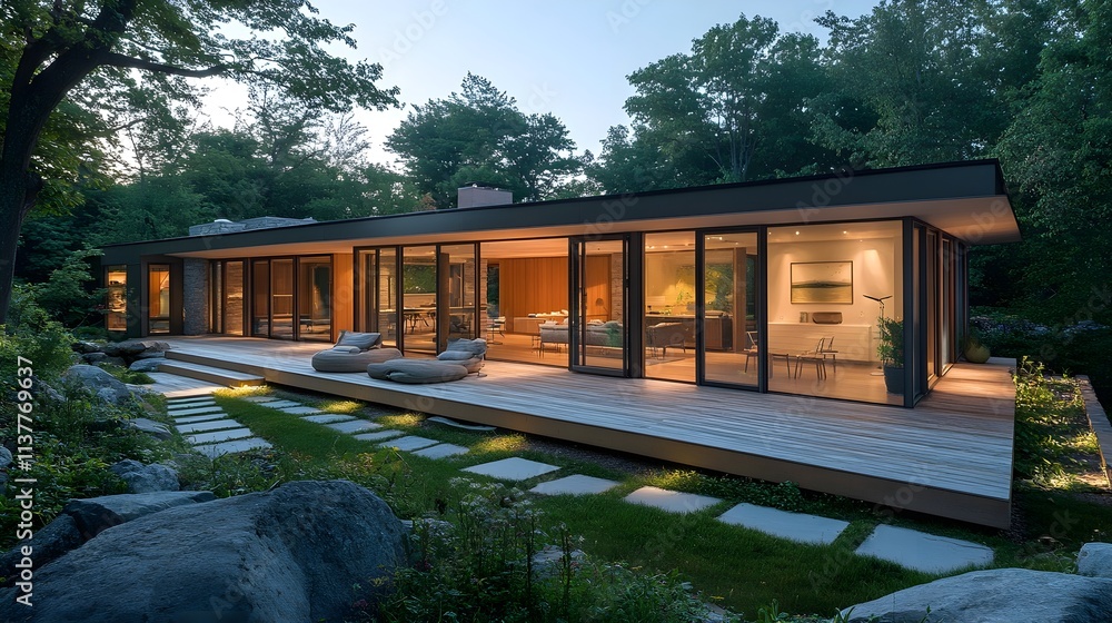Obraz premium A modern home with a wrap-around veranda, sliding glass doors, and a minimalist garden with stone paths.