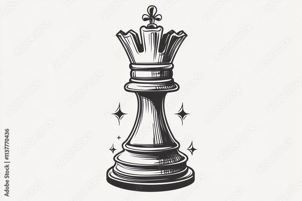 Fototapeta premium Hand-drawn queen chess piece with crown and sparkles.