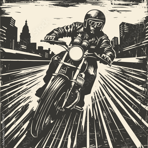 Motorcyclist rides a motorcycle along a city street, vector