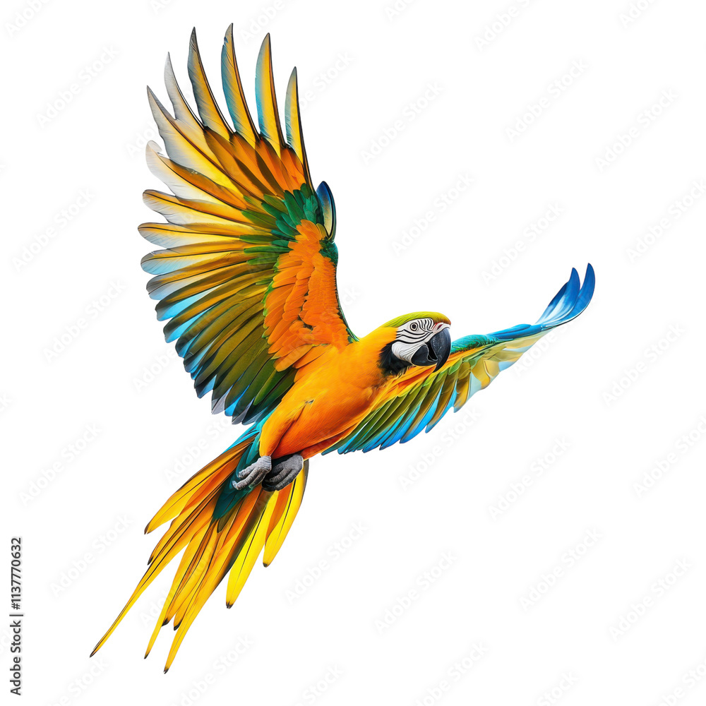 Fototapeta premium Colorful Macaw Parrot Flying Isolated Transparent Background