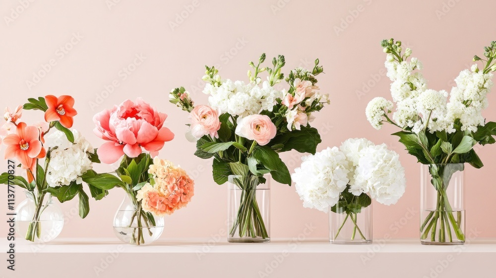 Fototapeta premium Five floral arrangements in glass vases on a shelf.