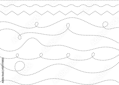Dashed line set, curvy , twirl and straight as guide line for treasure map, map, borderline, diecut, guideline, cut line, industrial product, plane and more. 