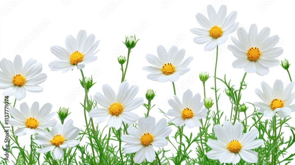 Obraz premium White daisies isolated on white with green leaves.
