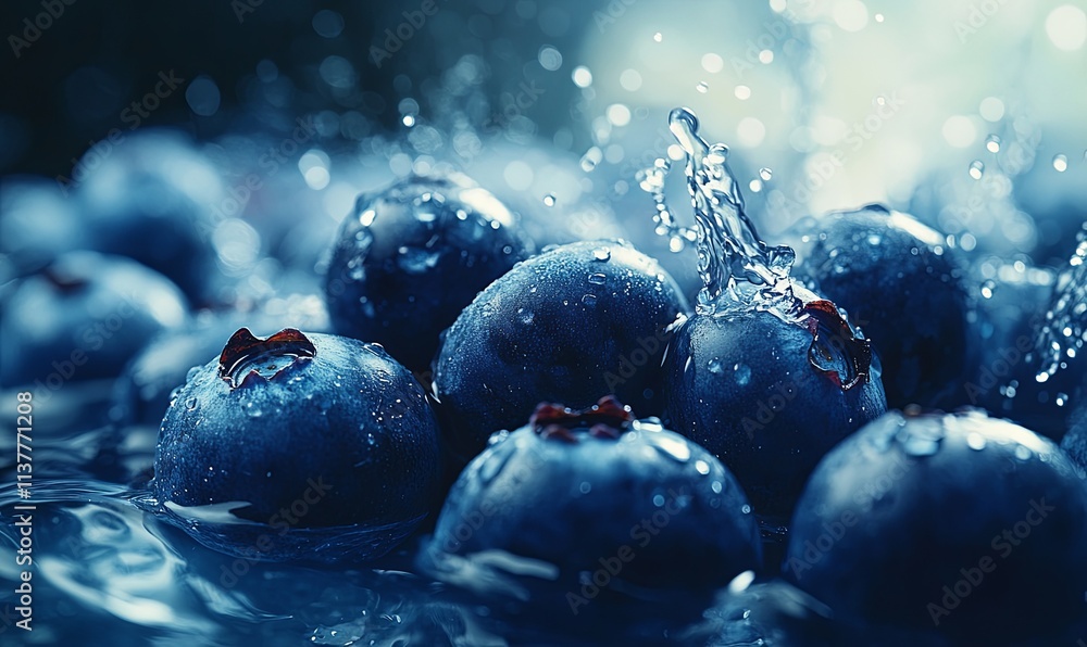 Close-up of fresh blueberries submerged in water, with water droplets and splashes. Close-up of fresh blueberries submerged in water, with water droplets and splashes.