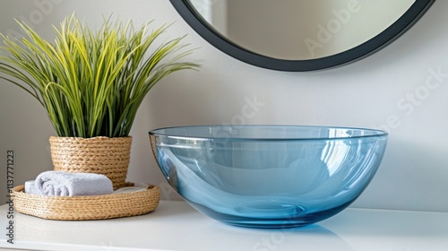 Blue glass bowl sink with plant and towels on a white counter.