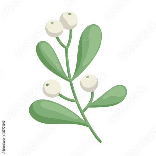 Mistletoe branch illustration in cartoone style. Christmas botanic. Flat vector illustration isolated on white background.