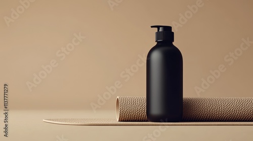 Black pump bottle beside beige yoga mat on beige background.