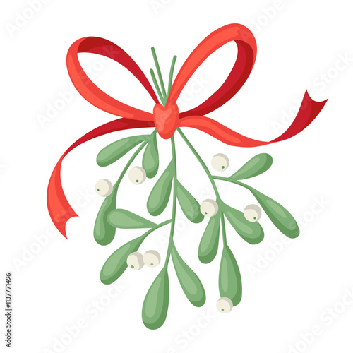 Mistletoe with red bow illustration in cartoone style. Christmas botanic. Flat vector illustration isolated on white background.