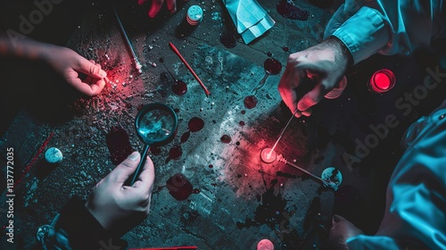 Forensic Precision - Overhead View of Crime Scene with Evidence Markers and Magnifying Glass, Under Stark Forensic Lighting photo