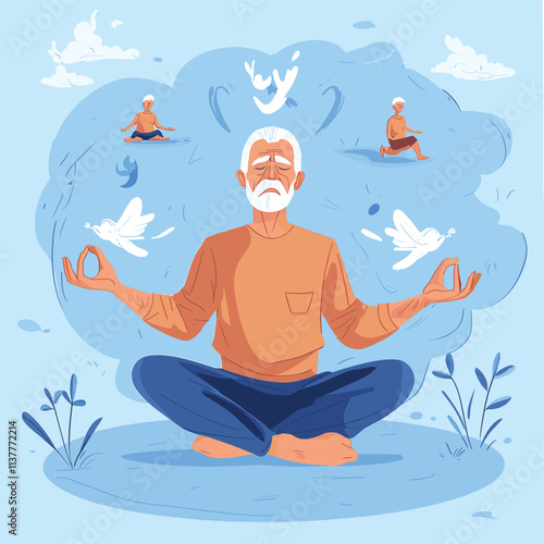 Old man meditating cross-legged, mudra hands, serene scene.