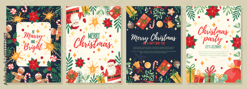 Set of Christmas and New Year greeting and invitation cards with festive symbols. Vector design template with. Hand-drawn cartoone style.