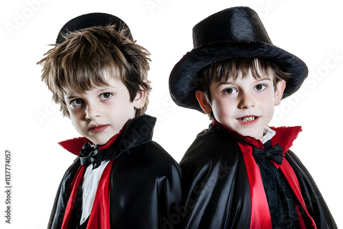 Two boys dressed as Dracula for Halloween, white or transparent background


