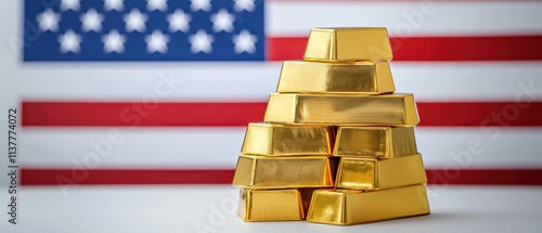 Dynamic composition of gold bars and oil drums with the American flag waving behind symbolizing national wealth and energy dominance photo