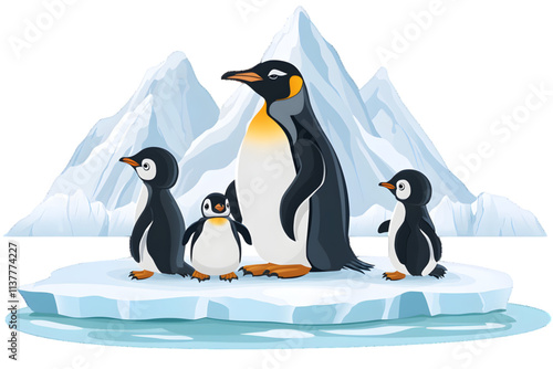 Illustration of a penguin family on an ice floe in antarctica with mountainous background placed on white or transparent background 


