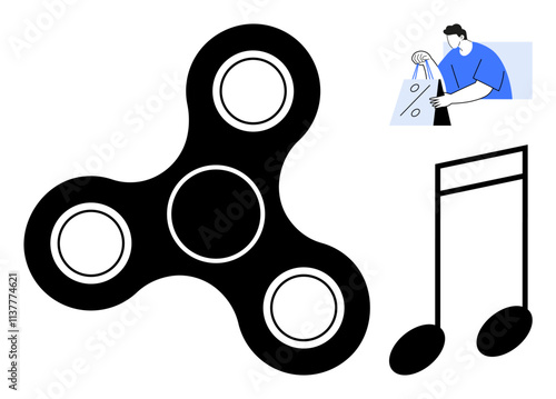 Fidget spinner with three arms, large music note, and man holding a shopping bag. Ideal for entertainment, stress relief, shopping, music, relaxation time management and lifestyle contexts. Line