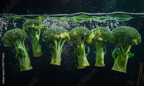 Fresh broccoli florets submerged in water, creating an underwater scene with air bubbles. photo