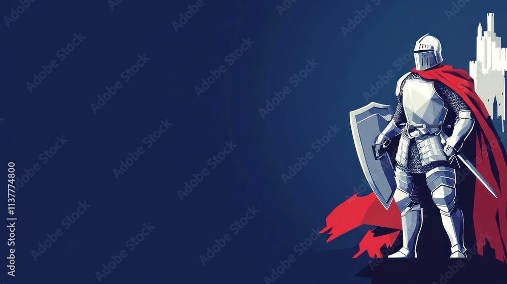 Obraz premium Knight in armor with shield, red cape, and sword.